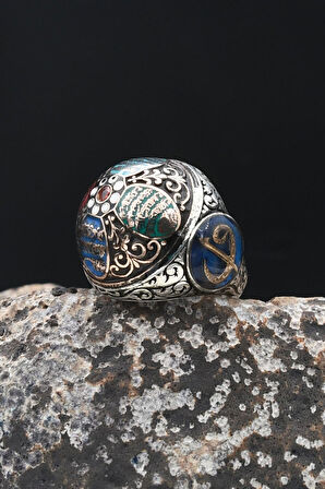 Özel Tasarım Nas Ve Felak Ve Ihlas Sureleri Mineli Vav Elif İşlemeli 925 Ayar Gümüş Erkek Yüzüğü 902337