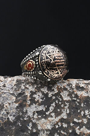 Özel Tasarım Hz. Süleyman Mührü ve Ay Yıldızlı - Ay Yıldız 925 Ayar Gümüş Erkek Yüzüğü Mineli 902338