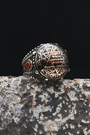 Özel Tasarım Hz. Süleyman Mührü ve Ay Yıldızlı - Ay Yıldız 925 Ayar Gümüş Erkek Yüzüğü Mineli 902338