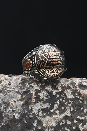 Özel Tasarım Hz. Süleyman Mührü ve Ay Yıldızlı - Ay Yıldız 925 Ayar Gümüş Erkek Yüzüğü Mineli 902338