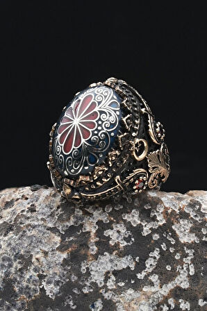 Özel Tasarım Selçuklu Zarafeti İşlemeli Mineli Vav Elif İşlemeli 925 Ayar Gümüş Erkek Yüzüğü 902342