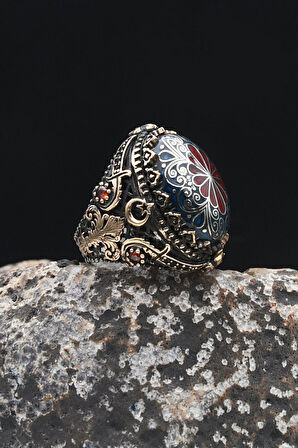 Özel Tasarım Selçuklu Zarafeti İşlemeli Mineli Vav Elif İşlemeli 925 Ayar Gümüş Erkek Yüzüğü 902342