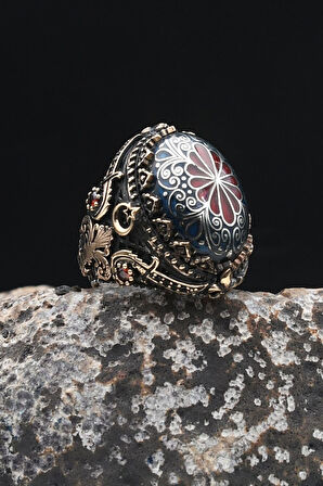 Özel Tasarım Selçuklu Zarafeti İşlemeli Mineli Vav Elif İşlemeli 925 Ayar Gümüş Erkek Yüzüğü 902342