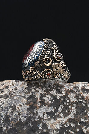 Özel Tasarım Selçuklu Zarafeti İşlemeli Mineli Vav Elif İşlemeli 925 Ayar Gümüş Erkek Yüzüğü 902342