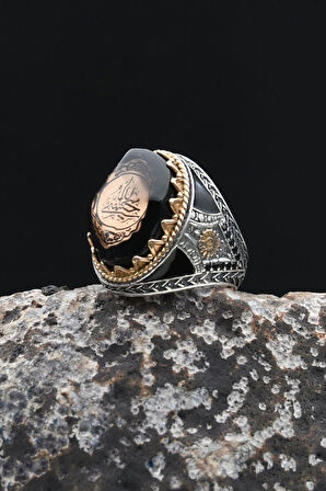 925 Ayar Gümüş Erkek Yüzük Hasbiyallah Yazılı (ALLAH BANA YETER) Sıkma Kehribar Taşlı 902344