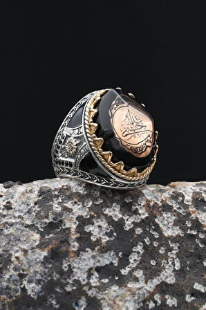 925 Ayar Gümüş Erkek Yüzük Hasbiyallah Yazılı (ALLAH BANA YETER) Sıkma Kehribar Taşlı 902344