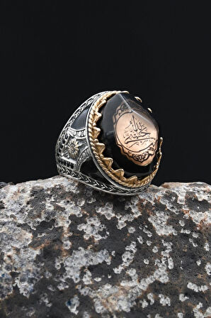 925 Ayar Gümüş Erkek Yüzük Hasbiyallah Yazılı (ALLAH BANA YETER) Sıkma Kehribar Taşlı 902344