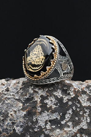 925 Ayar Gümüş Erkek Yüzük Sıkma Kehribar Taşlı Her Can Ölümü Tadacaktır Yazlı 902345