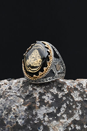 925 Ayar Gümüş Erkek Yüzük Sıkma Kehribar Taşlı Her Can Ölümü Tadacaktır Yazlı 902345