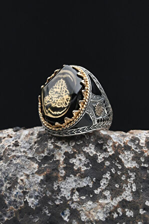 925 Ayar Gümüş Erkek Yüzük Sıkma Kehribar Taşlı Her Can Ölümü Tadacaktır Yazlı 902345