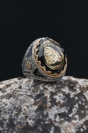 925 Ayar Gümüş Erkek Yüzük Sıkma Kehribar Taşlı Her Can Ölümü Tadacaktır Yazlı 902345