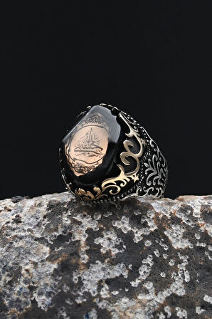 Erkek Yüzük 925 Ayar Gümüş Hasbiyallah Yazılı (ALLAH BANA YETER) Sıkma Kehribar Taşlı 902346