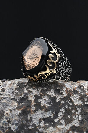 Erkek Yüzük 925 Ayar Gümüş Hasbiyallah Yazılı (ALLAH BANA YETER) Sıkma Kehribar Taşlı 902346