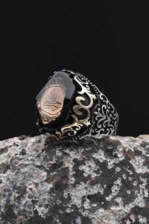 Erkek Yüzük 925 Ayar Gümüş Hasbiyallah Yazılı (ALLAH BANA YETER) Sıkma Kehribar Taşlı 902346