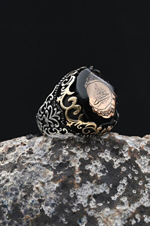 Erkek Yüzük 925 Ayar Gümüş Hasbiyallah Yazılı (ALLAH BANA YETER) Sıkma Kehribar Taşlı 902346