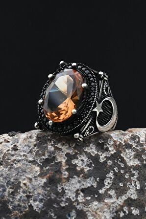 Ay Yıldızlı - Ay Yıldız  Zultanit Taşlı 925 Ayar Gümüş Erkek Yüzük 902348