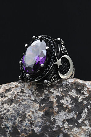 Ay Yıldızlı - Ay Yıldız  Ametist Taşlı 925 Ayar Gümüş Erkek Yüzük 902349