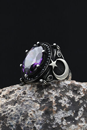 Ay Yıldızlı - Ay Yıldız  Ametist Taşlı 925 Ayar Gümüş Erkek Yüzük 902349