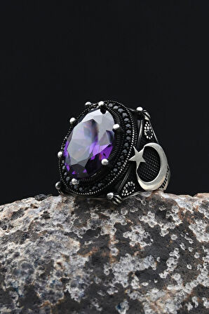 Ay Yıldızlı - Ay Yıldız  Ametist Taşlı 925 Ayar Gümüş Erkek Yüzük 902349