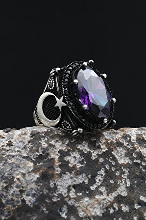 Ay Yıldızlı - Ay Yıldız  Ametist Taşlı 925 Ayar Gümüş Erkek Yüzük 902349