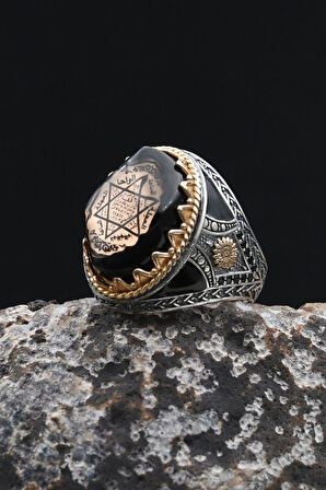 Hz. Süleyman Mührü 925 Ayar Gümüş Erkek Yüzük Sıkma Kehribar Taşlı 902355