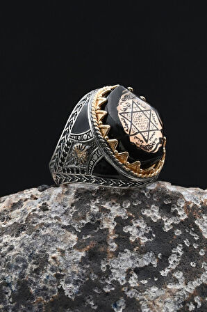 Hz. Süleyman Mührü 925 Ayar Gümüş Erkek Yüzük Sıkma Kehribar Taşlı 902355