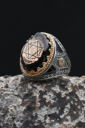 Hz. Süleyman Mührü 925 Ayar Gümüş Erkek Yüzük Sıkma Kehribar Taşlı 902355