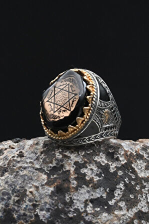 Hz. Süleyman Mührü 925 Ayar Gümüş Erkek Yüzük Sıkma Kehribar Taşlı 902355