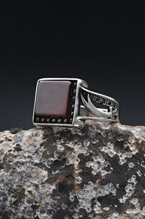 Akik Taşlı Hz. Ali Zülfikar Figürlü 925 Ayar Gümüş Yüzük 902360