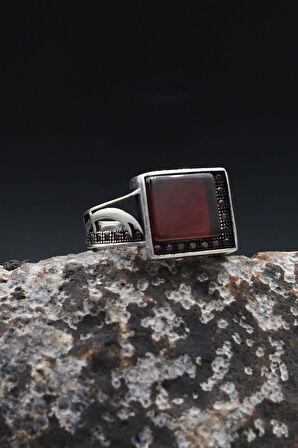 Akik Taşlı Hz. Ali Zülfikar Figürlü 925 Ayar Gümüş Yüzük 902360