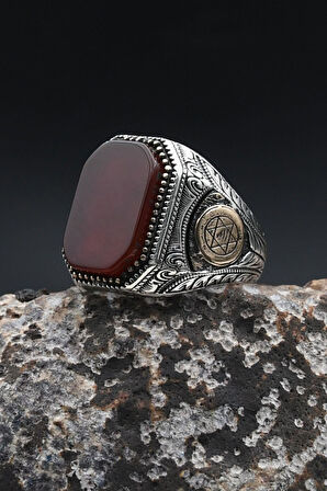 Kırmızı Akik Taşlı Hz. Süleyman Mührü 925 Ayar Gümüş Erkek Yüzük 902364