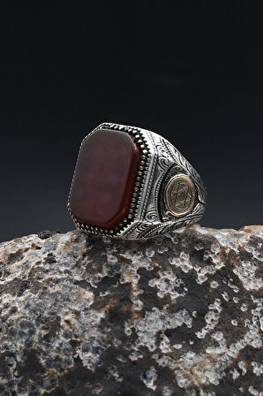 Kırmızı Akik Taşlı Hz. Süleyman Mührü 925 Ayar Gümüş Erkek Yüzük 902364