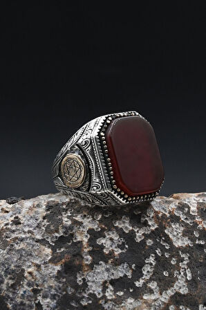 Kırmızı Akik Taşlı Hz. Süleyman Mührü 925 Ayar Gümüş Erkek Yüzük 902364