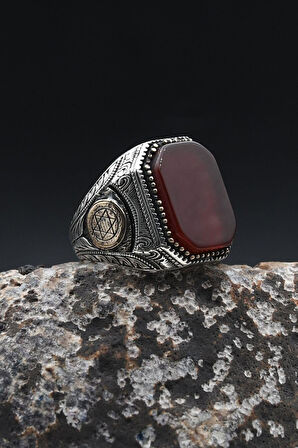 Kırmızı Akik Taşlı Hz. Süleyman Mührü 925 Ayar Gümüş Erkek Yüzük 902364