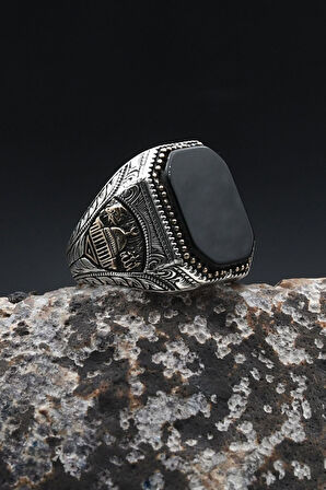 Mescidi Aksa Modelı ve Allah ve Muhammed Yazlı Oniks Taşlı 925 Ayar Gümüş Erkek Yüzük 902365