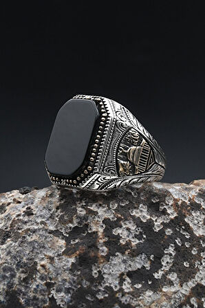 Mescidi Aksa Modelı ve Allah ve Muhammed Yazlı Oniks Taşlı 925 Ayar Gümüş Erkek Yüzük 902365