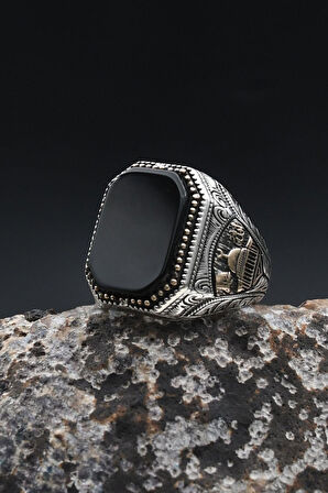 Mescidi Aksa Modelı ve Allah ve Muhammed Yazlı Oniks Taşlı 925 Ayar Gümüş Erkek Yüzük 902365