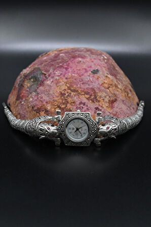 925 Ayar Gümüş Kaplan Figürlü Kadın Saati (Kadın Gümüş Saat) Markazit Taşlı 902372