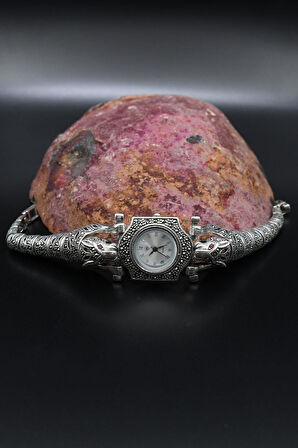 925 Ayar Gümüş Kaplan Figürlü Kadın Saati (Kadın Gümüş Saat) Markazit Taşlı 902372