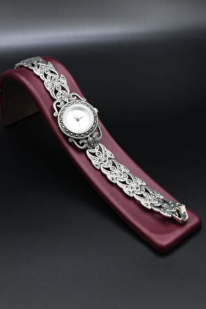 925 Ayar Gümüş Kaplan Figürlü Kadın Saati (Kadın Gümüş Saat) Markazit Taşlı 902373