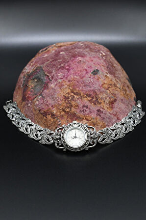 925 Ayar Gümüş Kaplan Figürlü Kadın Saati (Kadın Gümüş Saat) Markazit Taşlı 902373