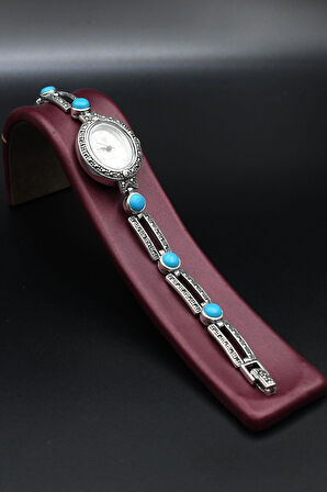 925 Ayar Gümüş Kadın Saati (Kadın Gümüş Saat) Markazit ve Turkuaz Firuze Taşlı 902376