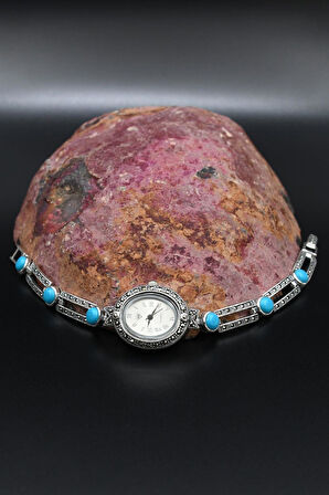 925 Ayar Gümüş Kadın Saati (Kadın Gümüş Saat) Markazit ve Turkuaz Firuze Taşlı 902376