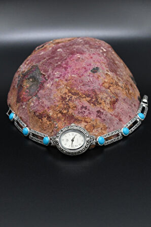 925 Ayar Gümüş Kadın Saati (Kadın Gümüş Saat) Markazit ve Turkuaz Firuze Taşlı 902376