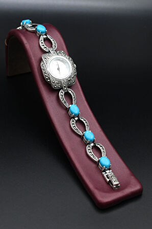 925 Ayar Gümüş Kadın Saati (Kadın Gümüş Saat) Markazit ve Turkuaz Firuze Taşlı 902377