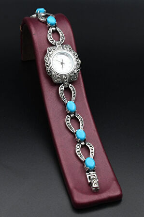 925 Ayar Gümüş Kadın Saati (Kadın Gümüş Saat) Markazit ve Turkuaz Firuze Taşlı 902377