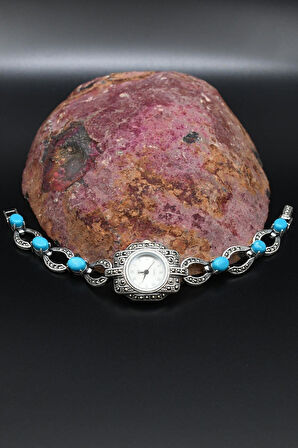 925 Ayar Gümüş Kadın Saati (Kadın Gümüş Saat) Markazit ve Turkuaz Firuze Taşlı 902377