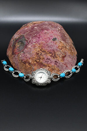 925 Ayar Gümüş Kadın Saati (Kadın Gümüş Saat) Markazit ve Turkuaz Firuze Taşlı 902377