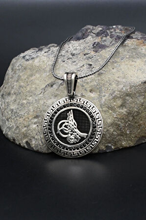 Osmanlı Tuğralı Grek Desenli 925 Ayar Gümüş Kolye Zincir 902383