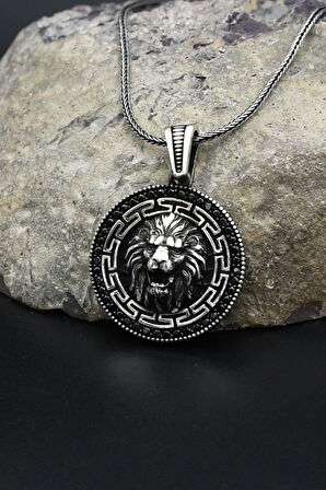 Grek Desenli Aslan Figürlü 925 Ayar Gümüş Kolye Zincir 902392